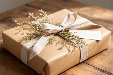 Natuurlijke cadeauverpakking van kraftpapier met linnen lint en gedroogde takjes